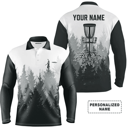 Custom Disc Golf Long Sleeve Men Polo Shirt - Disc Golf Basket Hole In The Woods Custom Name Multicolor Apparel For Men, Disc Golf Lover