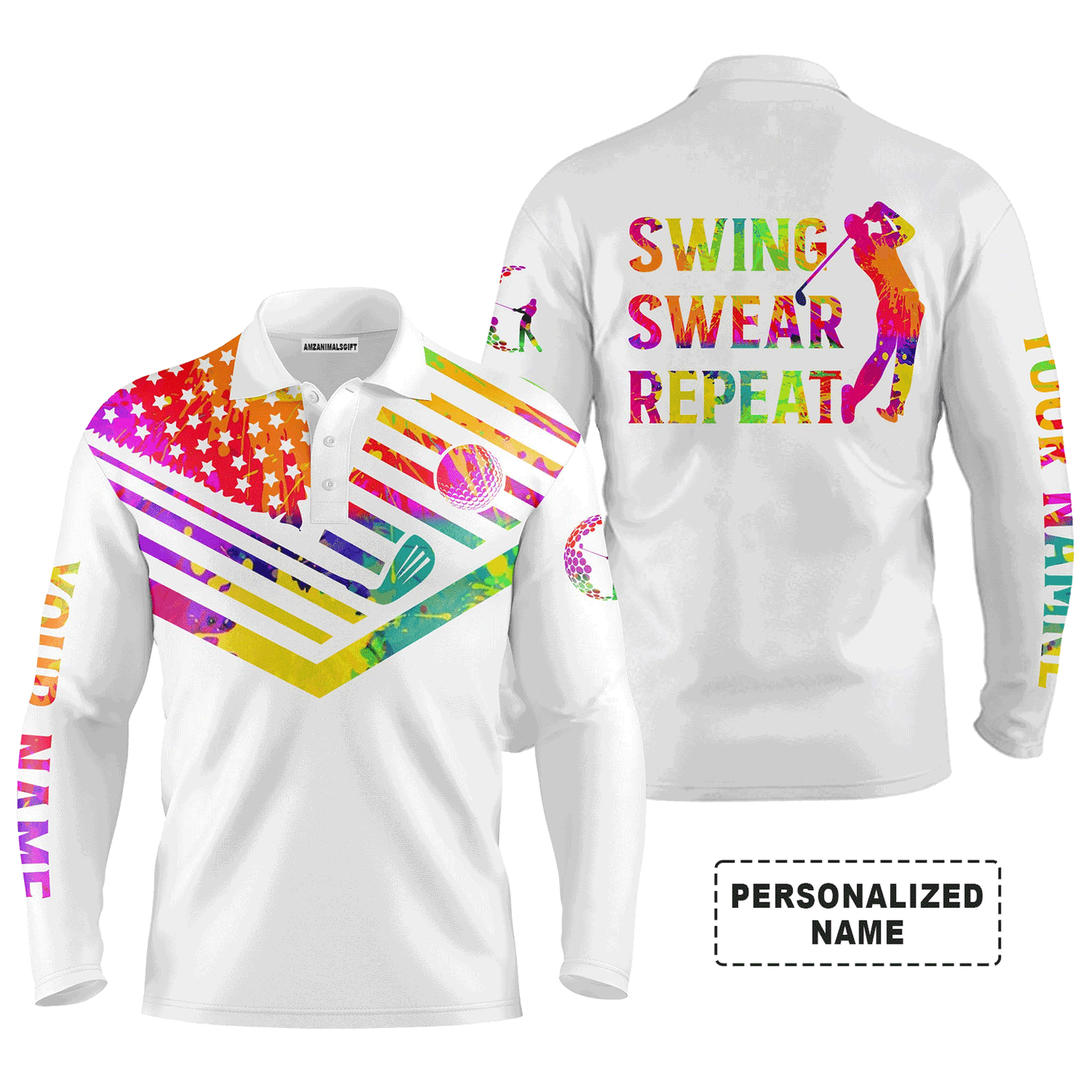 Custom Golf Long Sleeve Men Polo Shirt, Custom Name Watercolor American Flag Swing Swear Repeat Apparel - Perfect Gift For Men, Golf Lover