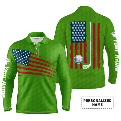 Custom Golf Long Sleeve Men Polo Shirt, Custom Name Multicolor American Flag Patriotic Apparel - Perfect Gifts For Men, Golf Lover
