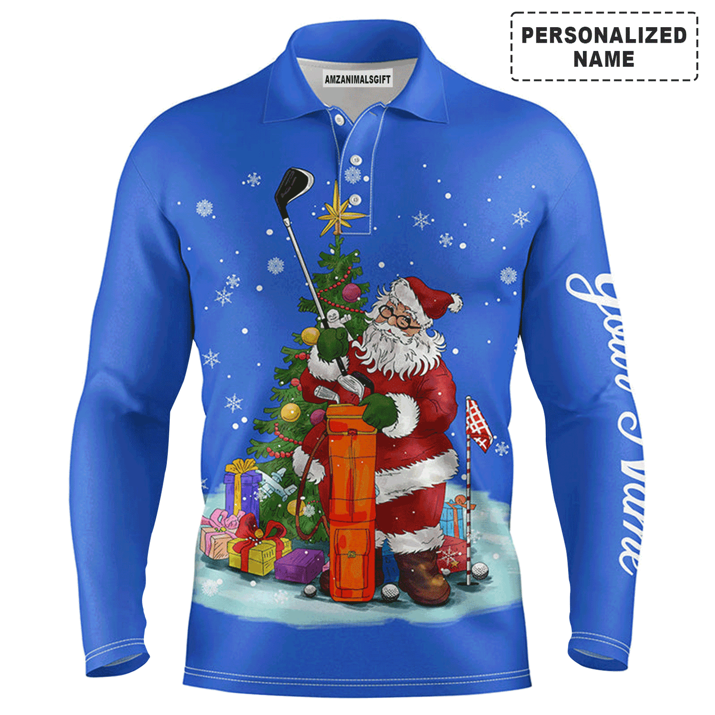 Custom Golf Long Sleeve Men Polo Shirt - Santa Golfer Christmas Custom Name Apparel - Personalized Gift For Golf Lover, Team, Husband, Men
