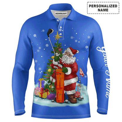 Custom Golf Long Sleeve Men Polo Shirt - Santa Golfer Christmas Custom Name Apparel - Personalized Gift For Golf Lover, Team, Husband, Men