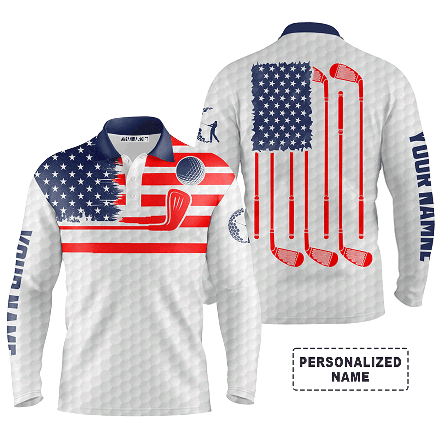 Custom Golf Long Sleeve Men Polo Shirt - American Flag Custom Name Multicolor Apparel Men Golf Polo Shirt - Perfect Polo Shirt For Men, Golf Lover
