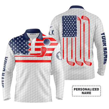 Custom Golf Long Sleeve Men Polo Shirt - American Flag Custom Name Multicolor Apparel Men Golf Polo Shirt - Perfect Polo Shirt For Men, Golf Lover