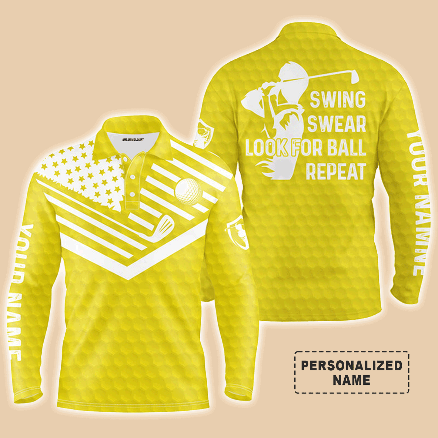 Custom Golf Long Sleeve Men Polo Shirt -  Custom Name American Flag Apparel - Swing Swear Look For Ball Repeat Men Golf Polo Shirt