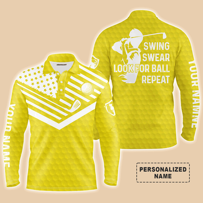 Custom Golf Long Sleeve Men Polo Shirt -  Custom Name American Flag Apparel - Swing Swear Look For Ball Repeat Men Golf Polo Shirt