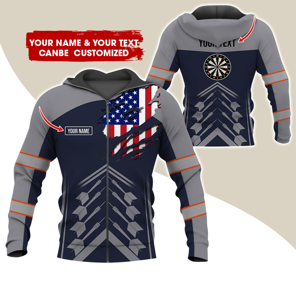 Custom Name & Text Darts Premium Zip Hoodie, Personalized Name American Flag Darts Zip Hoodie For Men & Women - Gift For Darts Lovers, Darts Players