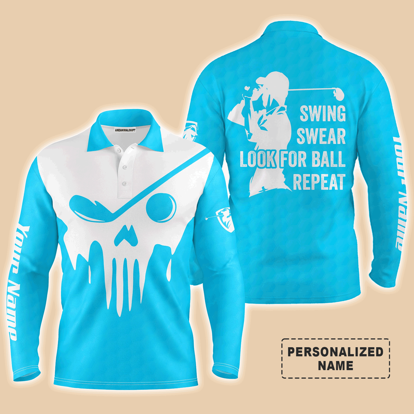 Custom Golf Long Sleeve Men Polo Shirt- Custom Name Multicolor Golf Skull - Swing Swear Look For Ball Repeat Men Polo Shirt For Golf Lover