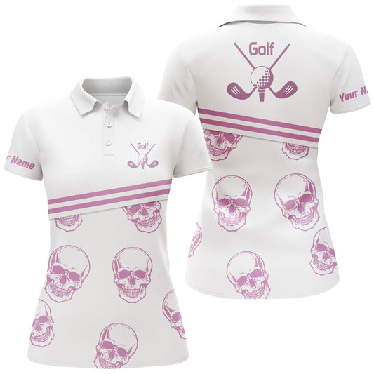 Customized Name Golf Women Polo Shirts, Personalized Pink Golf Skull Pattern White Golf Shirt For Women - Perfect Gift For Golfers, Golf Lovers