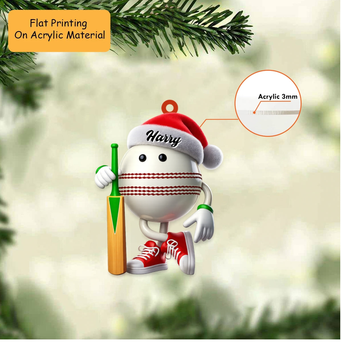 Personalized Cricket Christmas Ornament, Christmas Cartoon Cricket Ball, Custom Ornament Christmas Gift, Keychain Cricket, Car Ornament Cricket