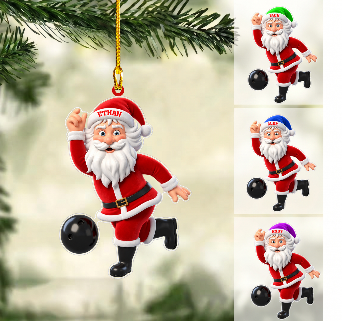 Personalized Bowler Christmas Ornament, Santa Releasing Black Ball Custom Hat, Custom Ornament Christmas Gift, Keychain Bowling, Car Ornament Bowling