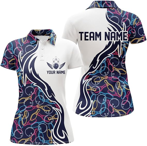 Customized Bowling Woman Polo Shirt Skittles And Balls Outline Bowling Pattern Custom Name And Team Name For Bowlers