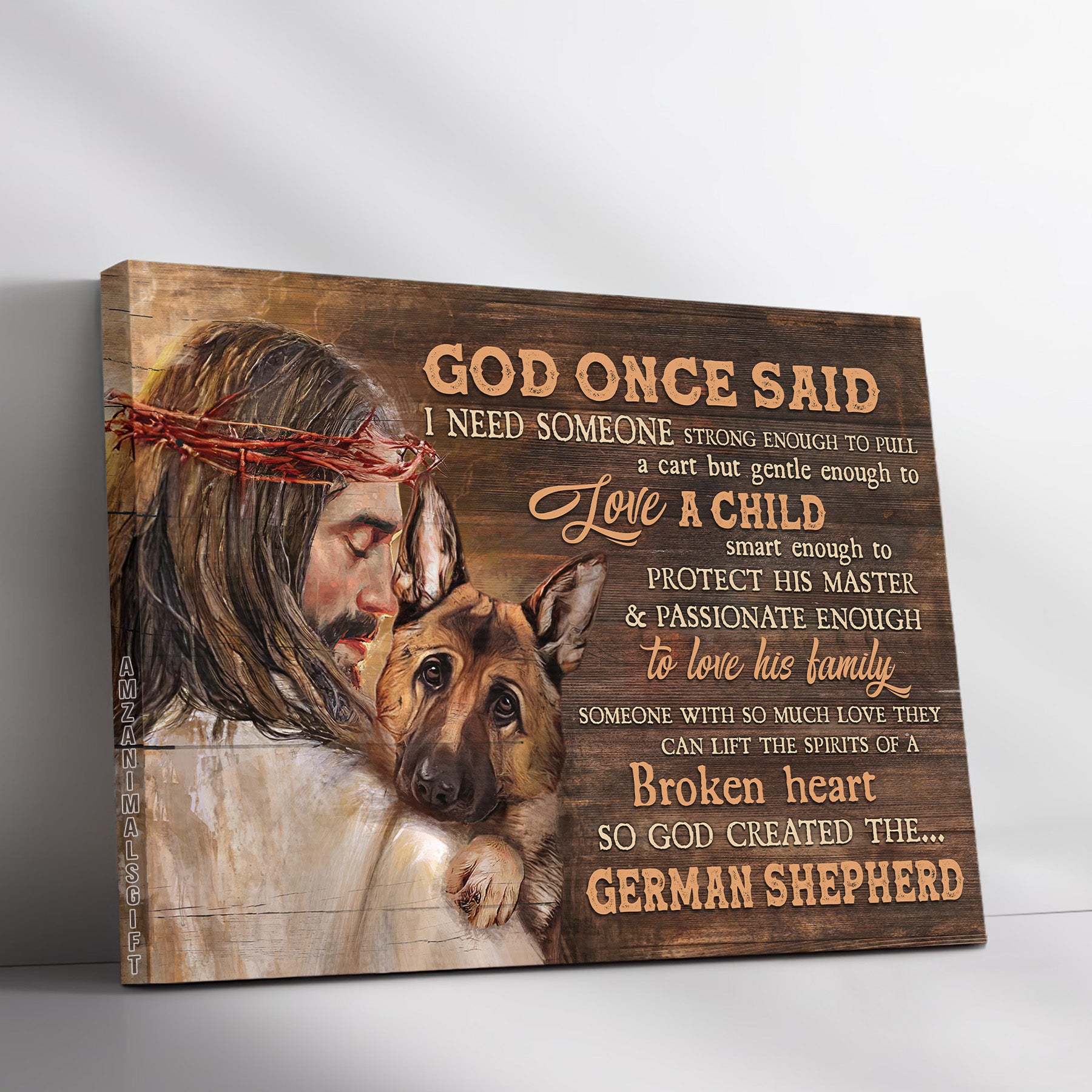 German Shepherd & Jesus Premium Wrapped Landscape Canvas -  German Shepherd Drawing, Walking With Jesus, God Once Said - Gift For Christian