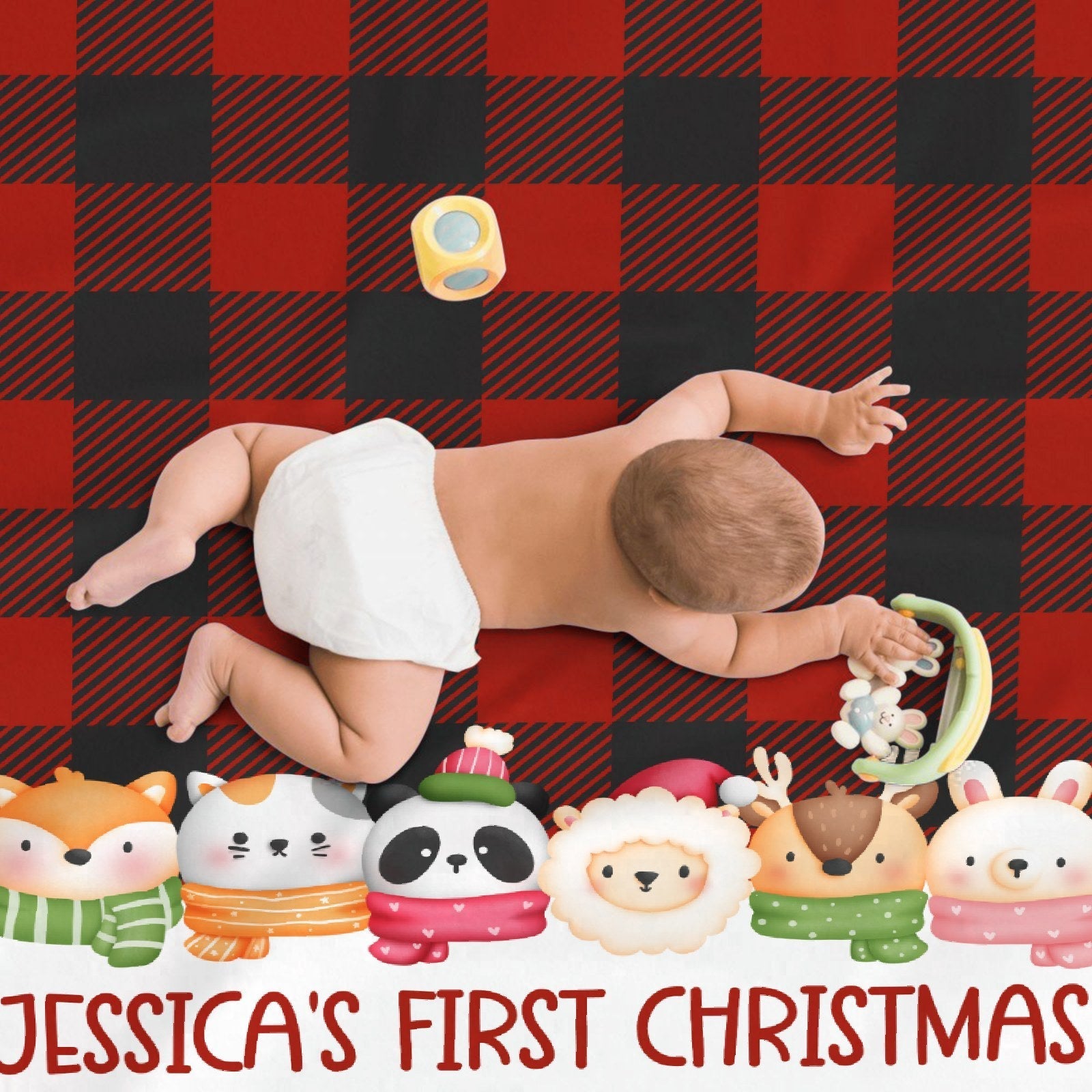 First Christmas Baby Kids Blanket With Personalized Name And Animals Plaid For Baby, Son, Daughter, Granddaughter, Grandson