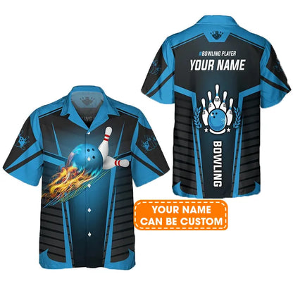 Bowling Hawaiian Shirt Custom Name - The Blue Bowling Ball in Flames Breaks White Skittles Personalized Aloha Hawaiian Shirt - Gift For Friend, Family, Bowling Lovers
