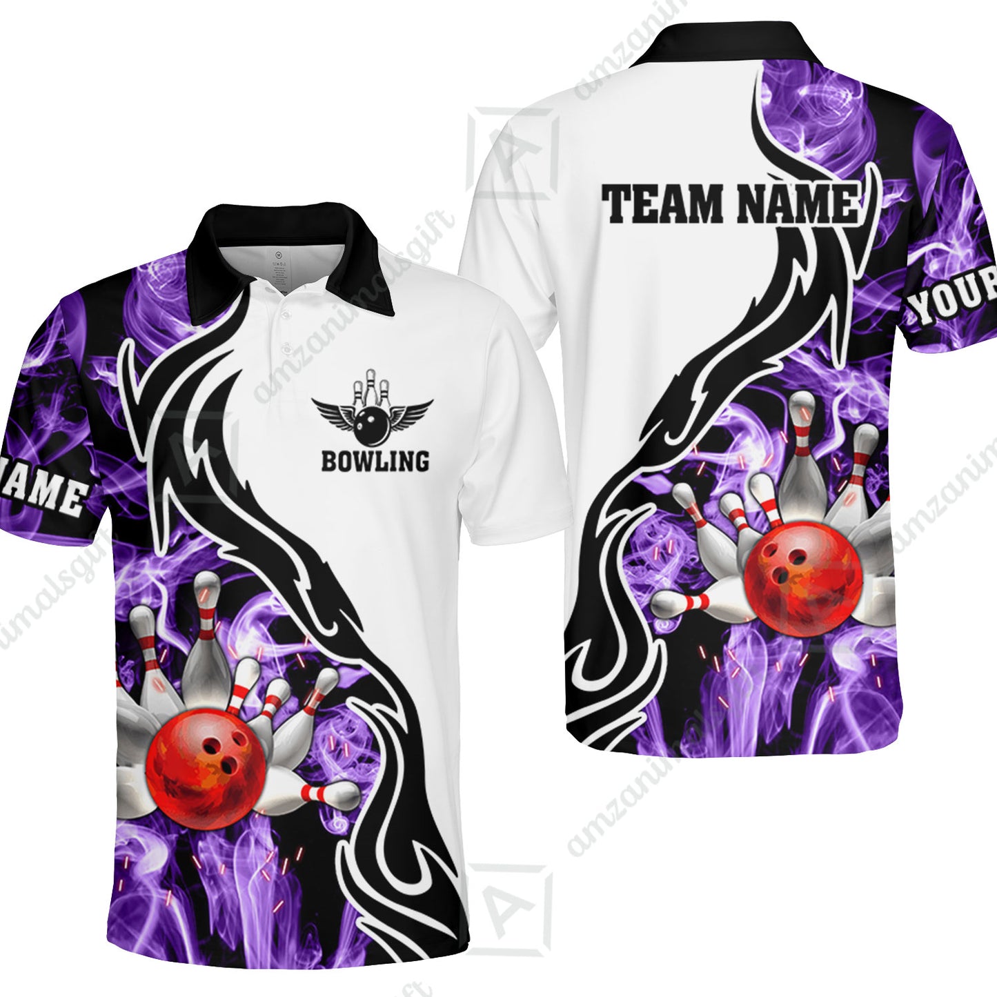 Customized Bowling Unisex Polo Shirt, Bowling And Pins Purple Smoke Pattern Customized Name And Team Polo Jerseys Shirts