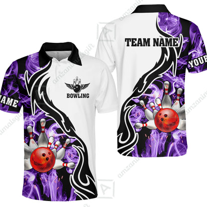 Customized Bowling Unisex Polo Shirt, Bowling And Pins Purple Smoke Pattern Customized Name And Team Polo Jerseys Shirts