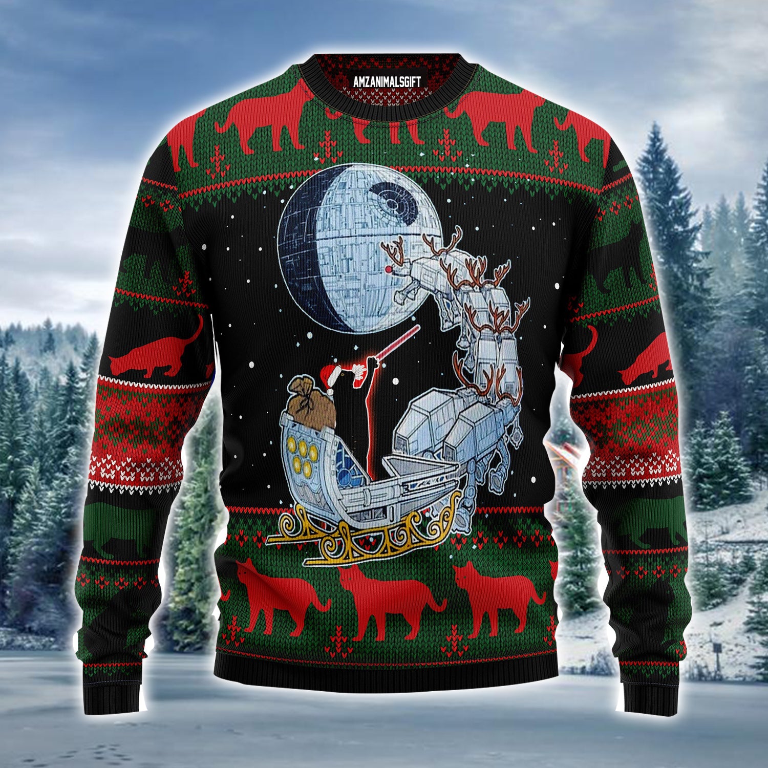 Black Cat Sleigh To Death Star Ugly Christmas Sweater, Christmas Pattern Ugly Sweater For Men & Women - Best Gift For Christmas, Black Cat Lovers