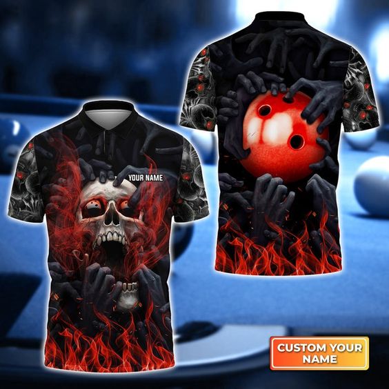 Customized Bowling Men Polo Shirt, Red Bowling Ball Smoke Skull Reaper Personalized Bowling Polo Shirt For Men - Gift For Bowlers, Bowling Lovers