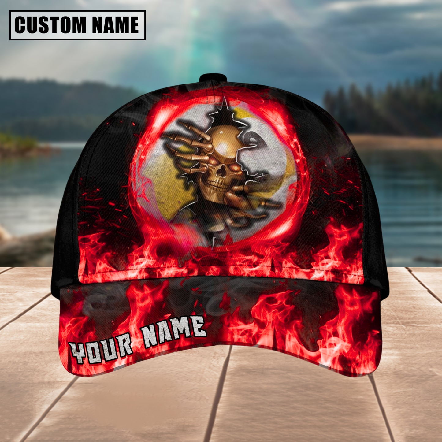 Customized Billiard Cap, Billiard Pool Ball 9 Fire Skull Crack Personalized Name 3D Hats, Best Billiard Pool Hat For Billiard Players (4 Colors)