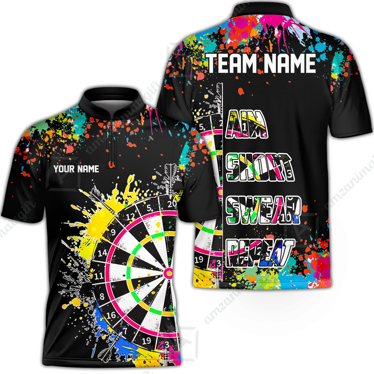Custom Funny Dartboards Colorful Paint Quarter Zip Polo Team Shirts,  Custom Aim Shoot Swear Repeat Darts Team Jerseys Uniform