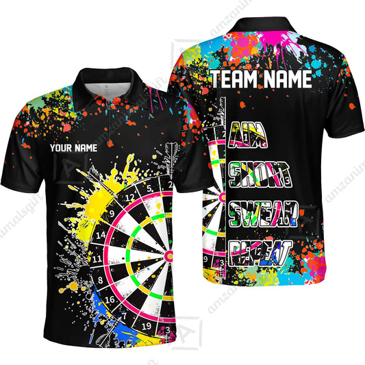 Custom Funny Dartboards Colorful Paint Quarter Zip Polo Team Shirts,  Custom Aim Shoot Swear Repeat Darts Team Jerseys Uniform