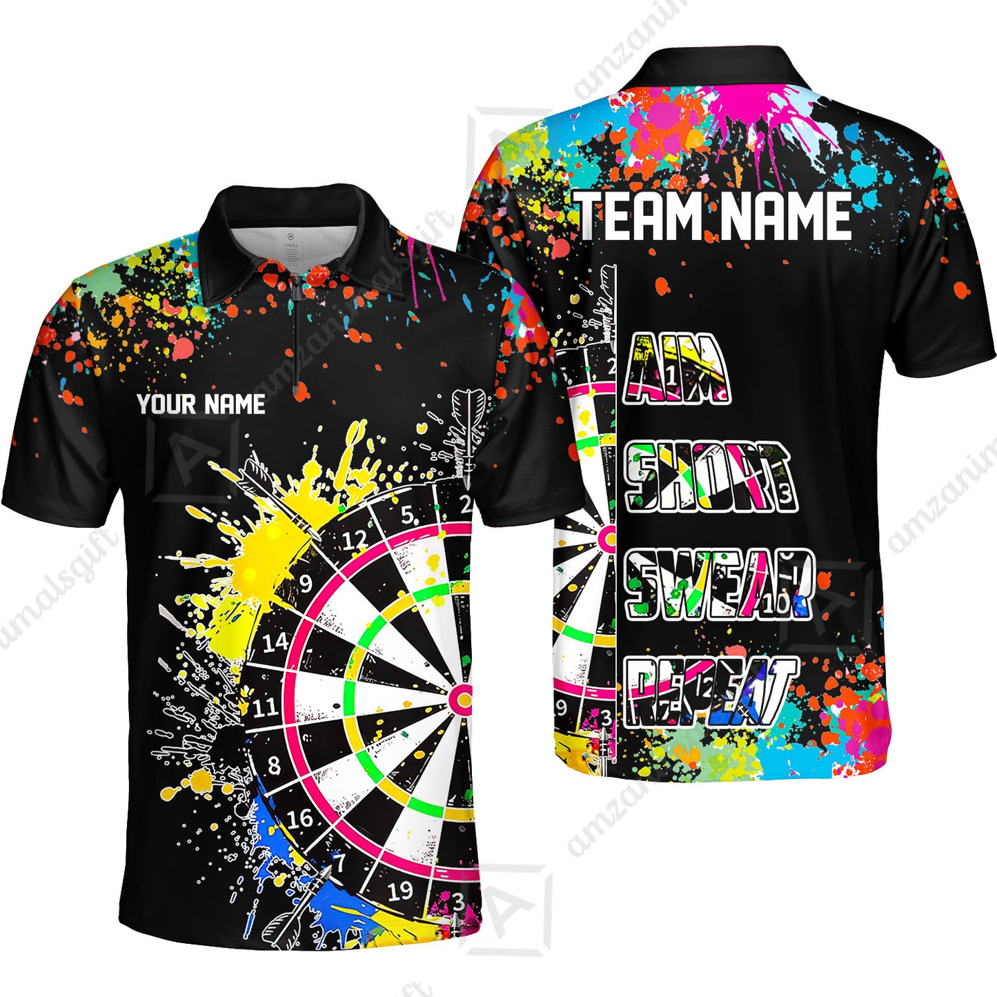 Custom Funny Dartboards Colorful Paint Quarter Zip Polo Team Shirts,  Custom Aim Shoot Swear Repeat Darts Team Jerseys Uniform