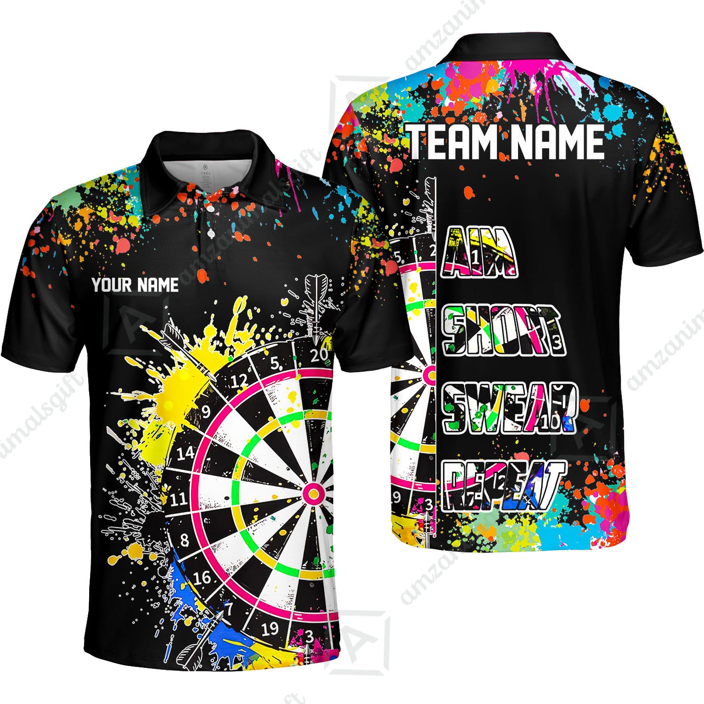 Custom Funny Dartboards Colorful Paint Quarter Zip Polo Team Shirts,  Custom Aim Shoot Swear Repeat Darts Team Jerseys Uniform