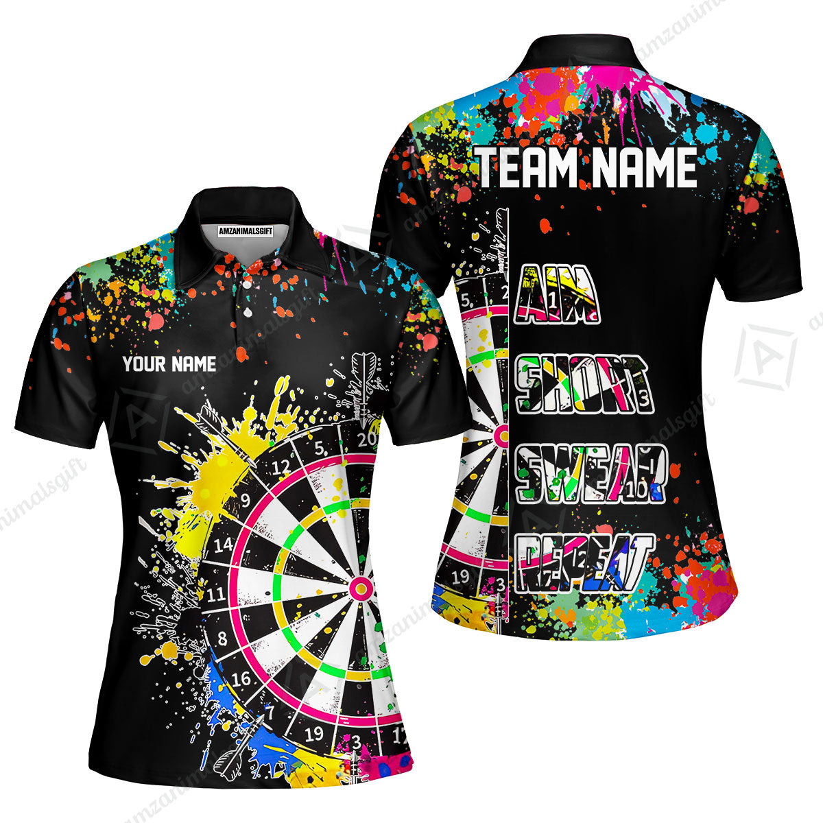 Custom Funny Dartboards Colorful Paint Quarter Zip Polo Team Shirts,  Custom Aim Shoot Swear Repeat Darts Team Jerseys Uniform