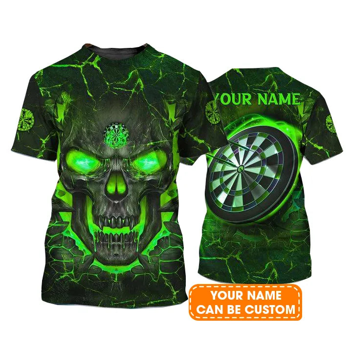 Customized Name Darts T Shirt,  Flame Green Skull Dartboard Personalized T Shirt For Men - Gift For Darts Lovers, Darts Player, Dart Team