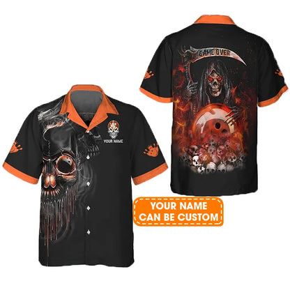 Personalized Bowling Aloha Hawaiian Shirt - Death Hawaiian Shirt, Orange Grim Reaper Bowling Hawaiian Shirt For Men & Women, Bowling Lover