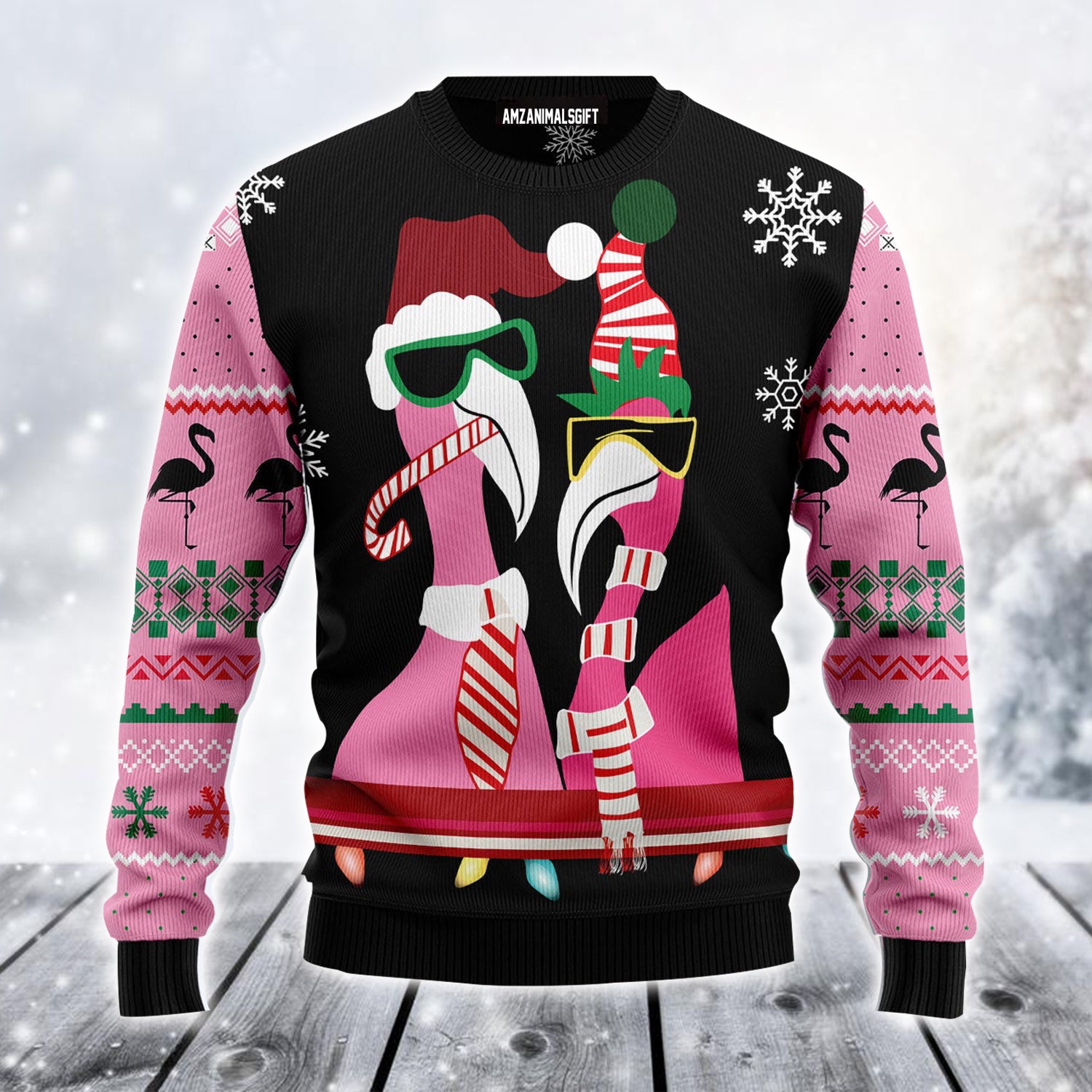 Candy Cane Flamingo Ugly Christmas Sweater, Funny Couple Flamingo Ugly Sweater For Men & Women - Perfect Gift For Christmas, Friends, Family