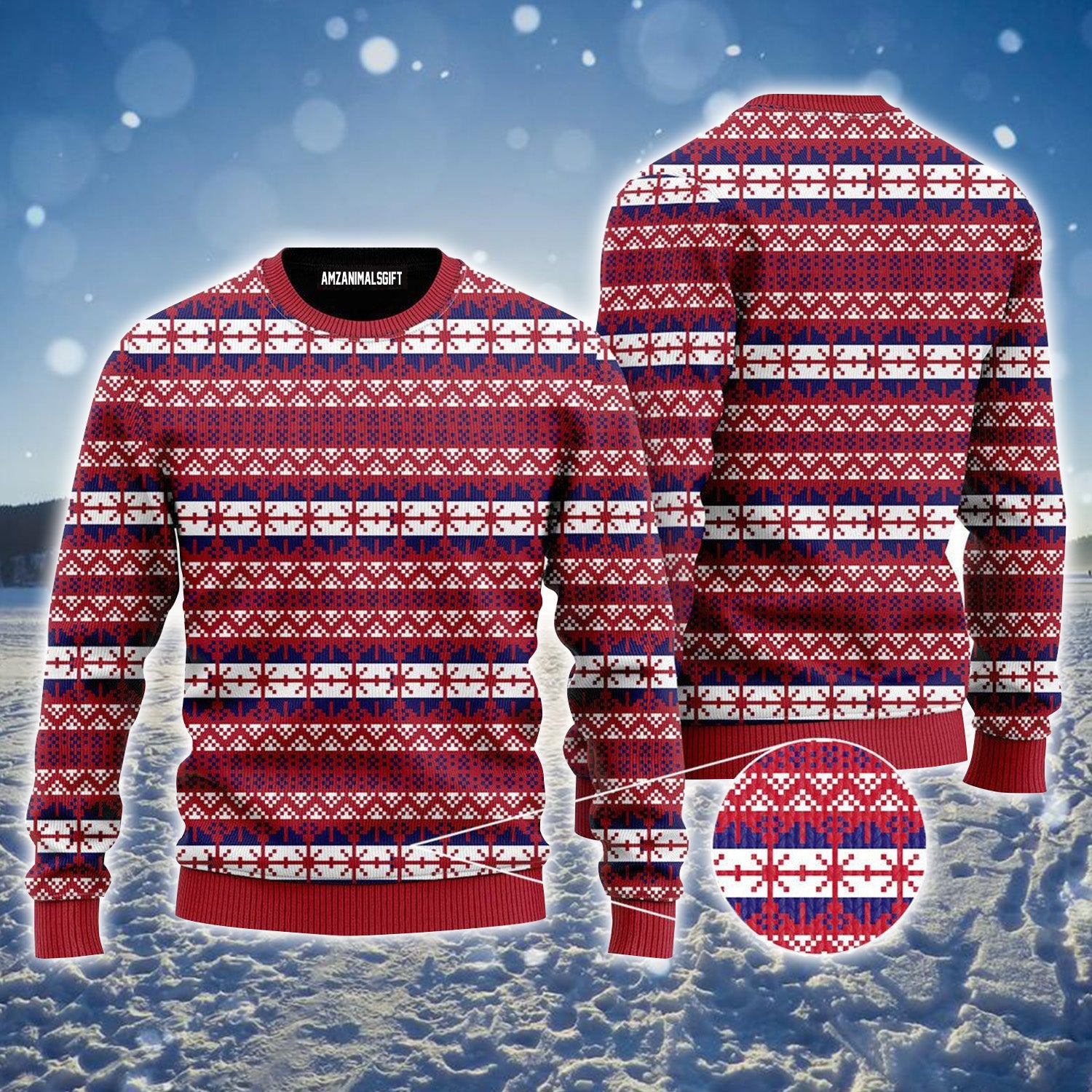 Red Fancy Xmas Pattern Ugly Sweater For Men & Women, Perfect Outfit For Christmas New Year Autumn Winter