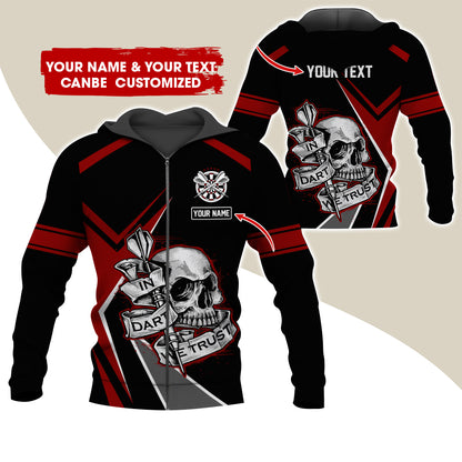 Custom Name & Text Darts Premium Zip Hoodie, Personalized Skull Play Darts Zip Hoodie For Men & Women - Gift For Darts Lovers, Darts Players
