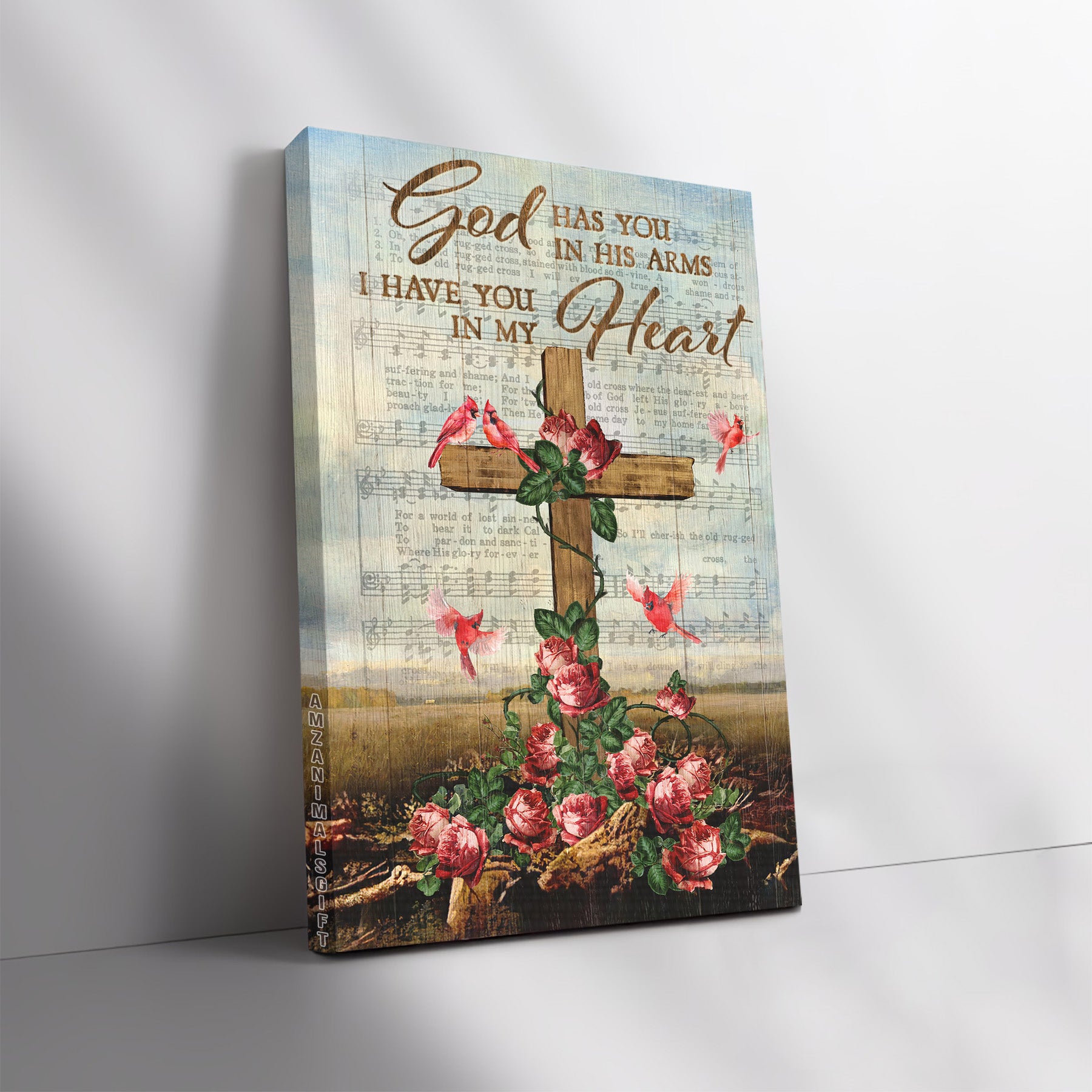 Jesus Portrait Premium Wrapped Canvas - Brilliant red rose, Pretty cardinal, Wooden cross canvas, God has you in his arms - Gift for Christian