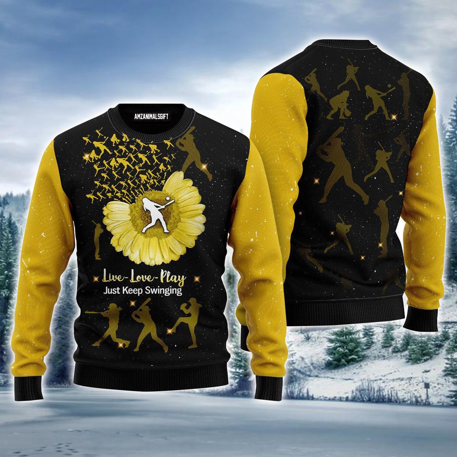 Softball Sunflower Yellow Black Ugly Sweater For Men & Women, Perfect Outfit For Christmas New Year Autumn Winter