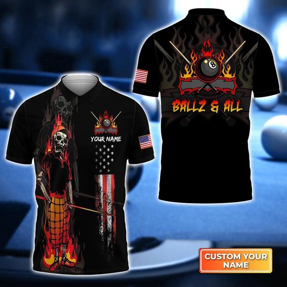 Custom Billiard Men Polo Shirt - BALLZ & ALL Team Bones 8 Ball American Flag Billiards Personalized Name - Perfect Billiard Polo Shirt For Men