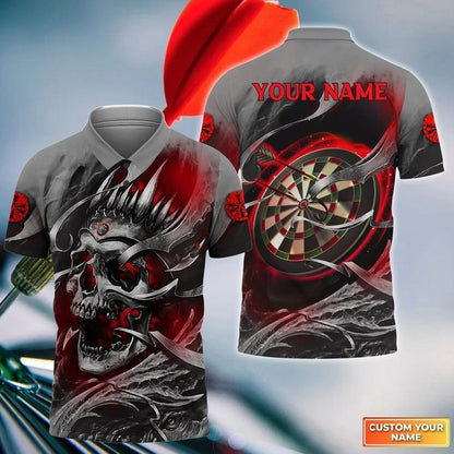 Darts Men Polo Shirt Custom Name - Red Skull Dartboard Personalized Polo Shirt For Men - Gift For Darts Player, Friend, Family