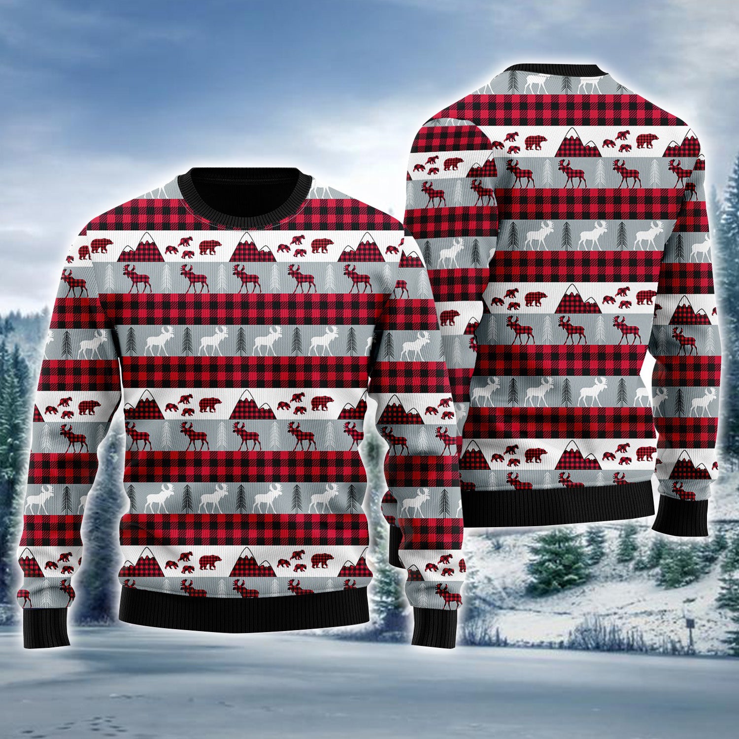Reindeer On Buffalo Plaid Pattern Ugly Sweater For Men & Women, Perfect Outfit For Christmas New Year Autumn Winter