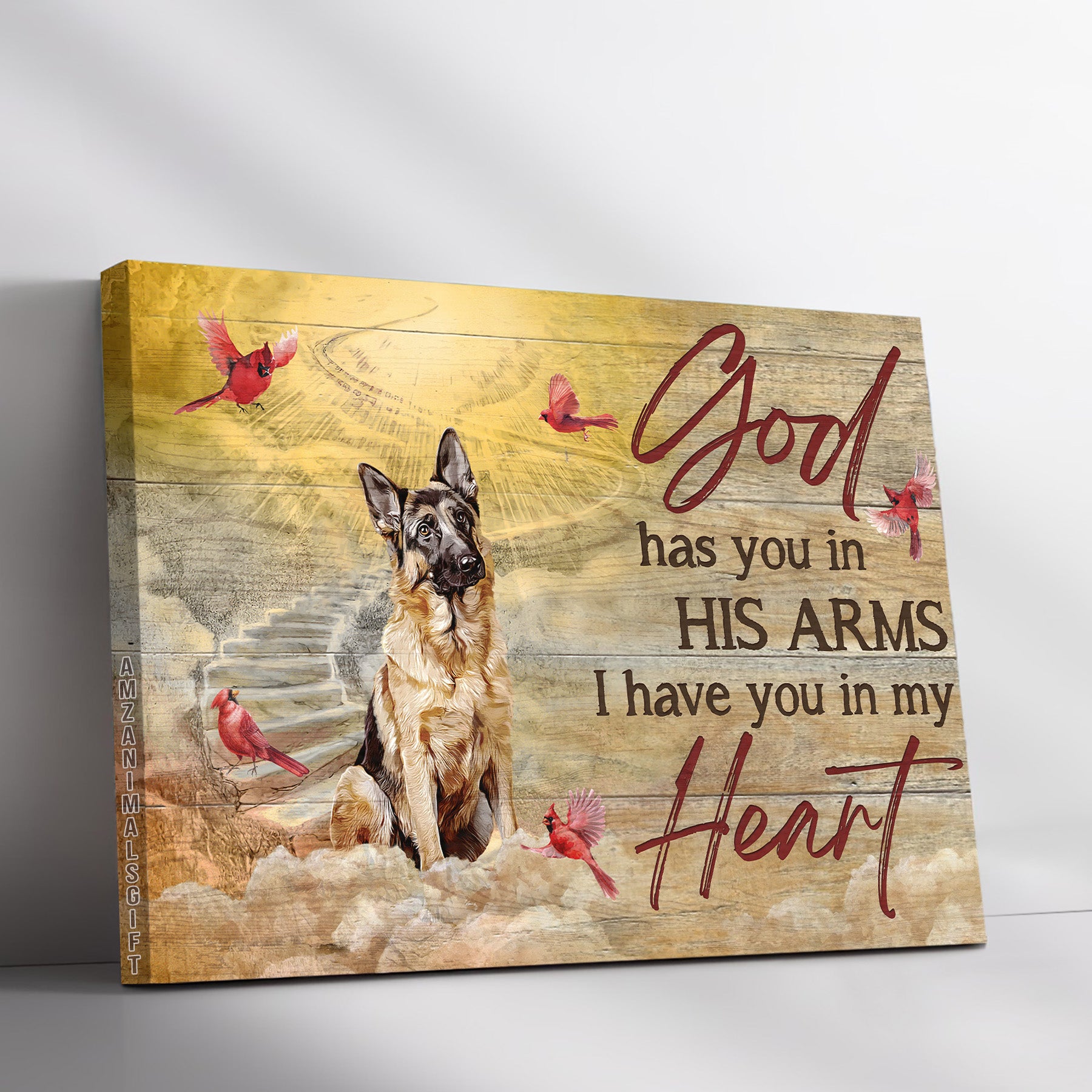 German Shepherd & Jesus Premium Wrapped Landscape Canvas -  German Shepherd, Red Cardinals, Heaven Sky, God Has You In His Arms - Gift For Christian