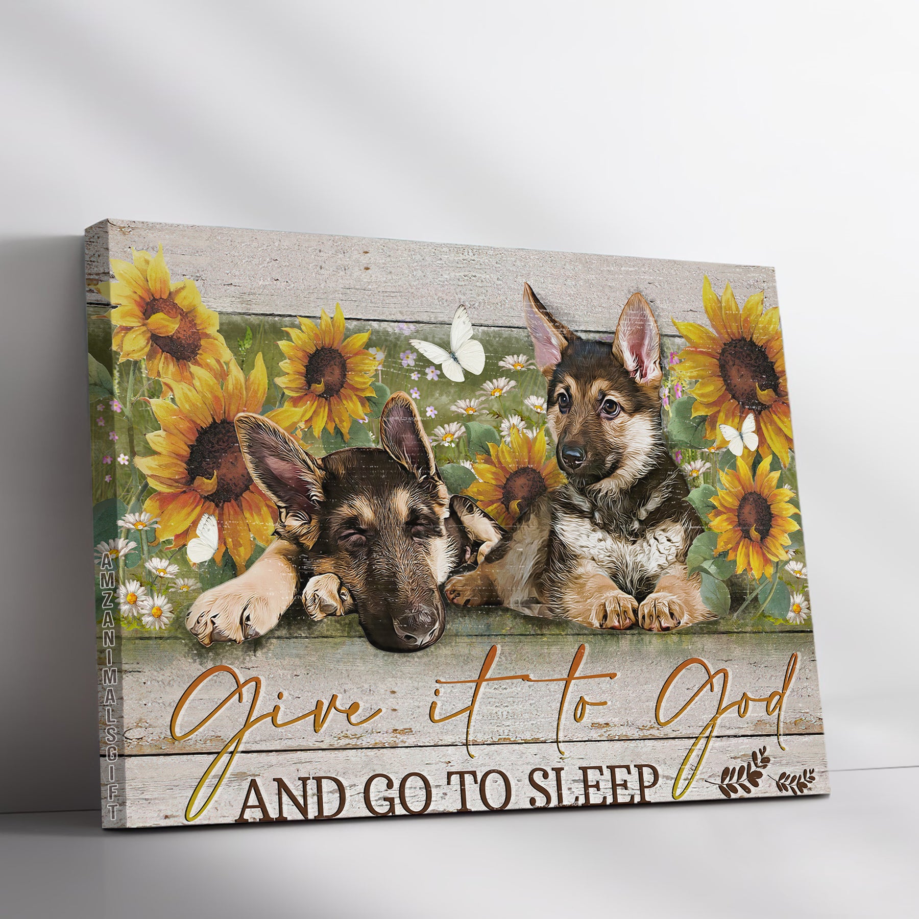 German Shepherd & Jesus Premium Wrapped Landscape Canvas - Little German Shepherd, Flower Garden, Give It To God And Go To Sleep - Gift For Christian
