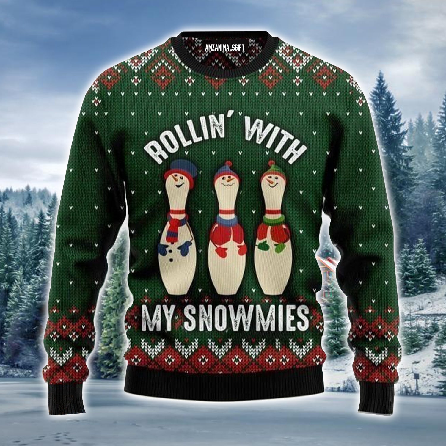 Bowling Rollin' With My Snowmies Ugly Christmas Sweater, Christmas Ugly Sweater For Men & Women - Gift For Christmas, Bowling Lovers, Bowling Players