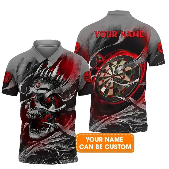 Darts Men Polo Shirt Custom Name - Red Skull Dartboard Personalized Polo Shirt For Men - Gift For Darts Player, Friend, Family