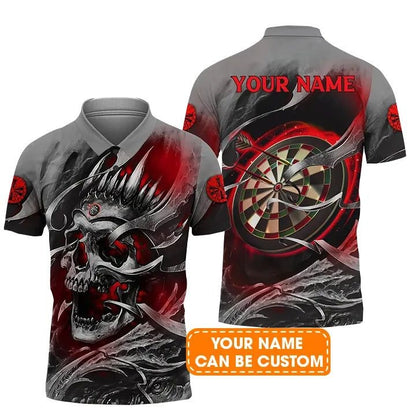Darts Men Polo Shirt Custom Name - Red Skull Dartboard Personalized Polo Shirt For Men - Gift For Darts Player, Friend, Family