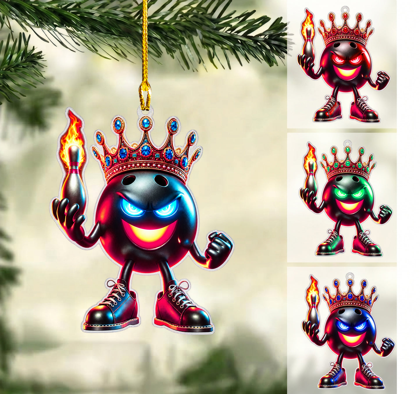 Personalized Bowling King Christmas Ornament, Neon Glowing Face Jeweled Crown, Custom Ornament Christmas Gift, Keychain Bowling, Car Ornament Bowling