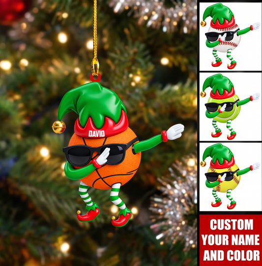 Personalized Basketball Christmas Ornament, Dabbing Elf Hat Sports Ball Mascot, Custom Ornament Christmas Gift, Keychain Basketball, Car Ornament Basketball