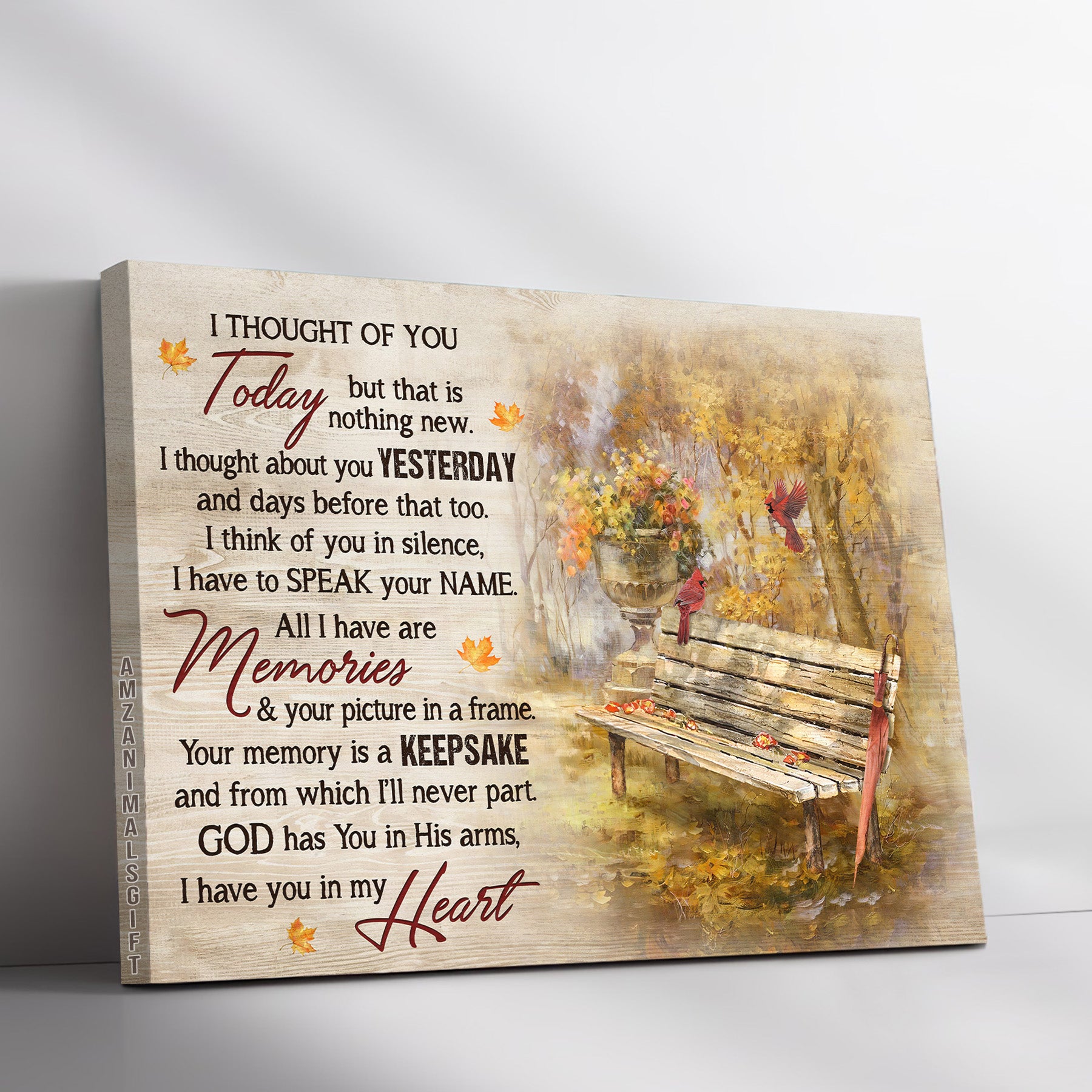 Memorial Premium Wrapped Landscape Canvas - Wooden Chair, Red Cardinal, Beautiful Autumn Park, I Thought Of You Today - Heaven Gift For Members Family
