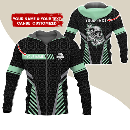 Customized Name & Text Skull Darts Premium Zip Hoodie, Custom Honeycomb Pattern Darts Zip Hoodie For Men & Women - Gift For Darts Lovers, Darts Players