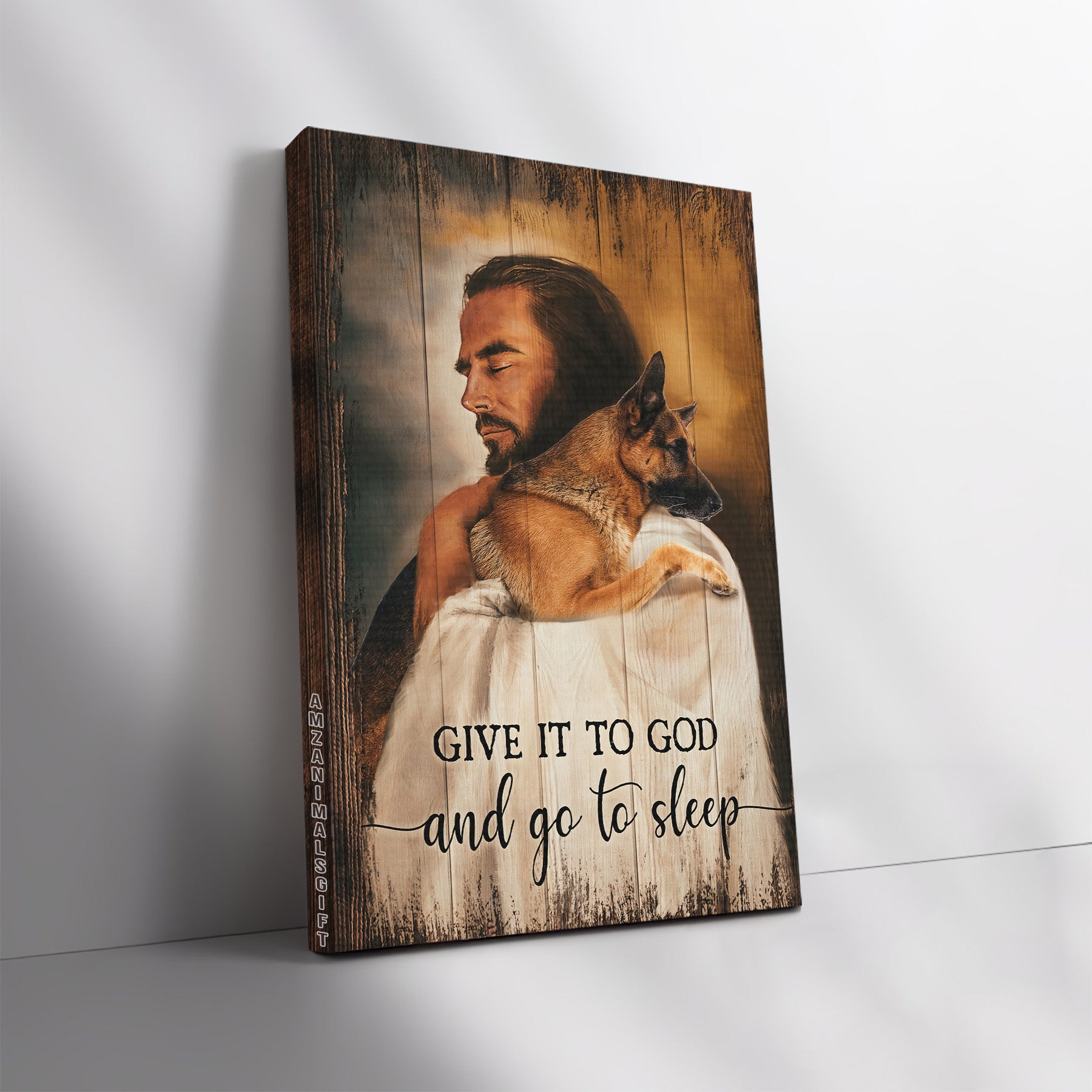 German Shepherd & Jesus Premium Wrapped Portrait Canvas - Stunning Jesus, Lovely German Shepherd, Give It To God And Go To Sleep - Gift For Christian