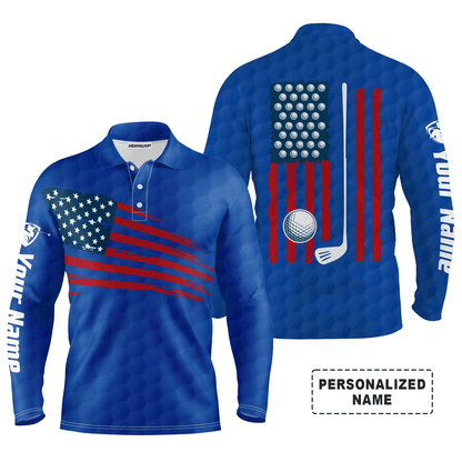Custom Golf Long Sleeve Men Polo Shirt, Custom Name Multicolor American Flag Patriotic Apparel - Perfect Gifts For Men, Golf Lover