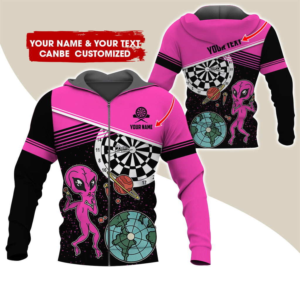 Customized Name Alien Darts Premium Zip Hoodie, Personalized Name & Text Darts Zip Hoodie For Men & Women - Gift For Darts Lovers, Darts Players